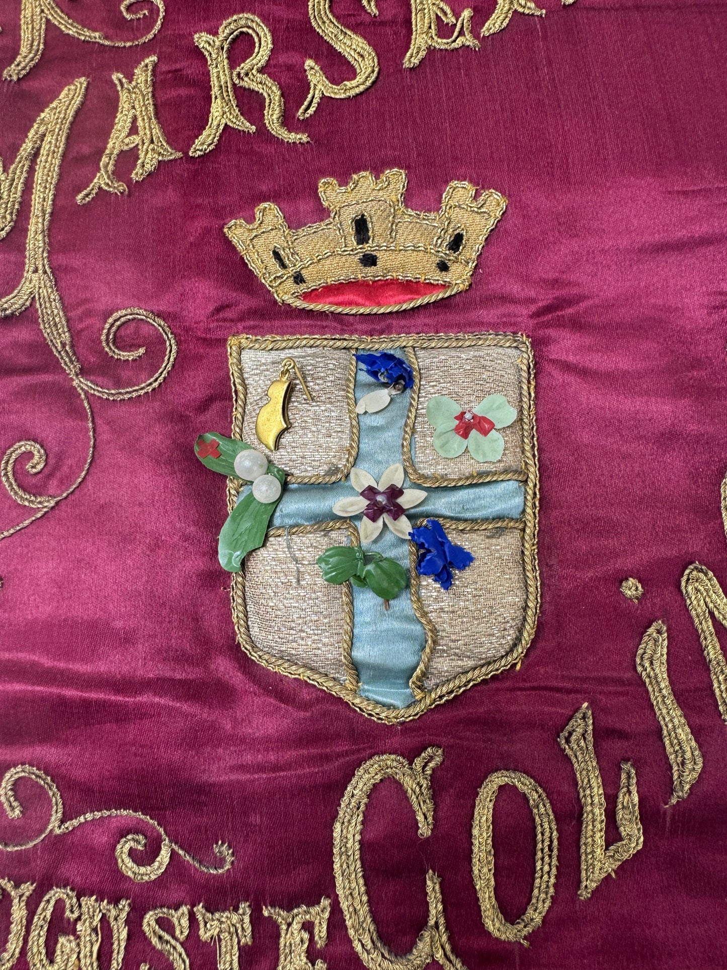 Antique 1899 Mi-Carême Marseille French Embroidered Silk Banner with Gold Metallic Thread