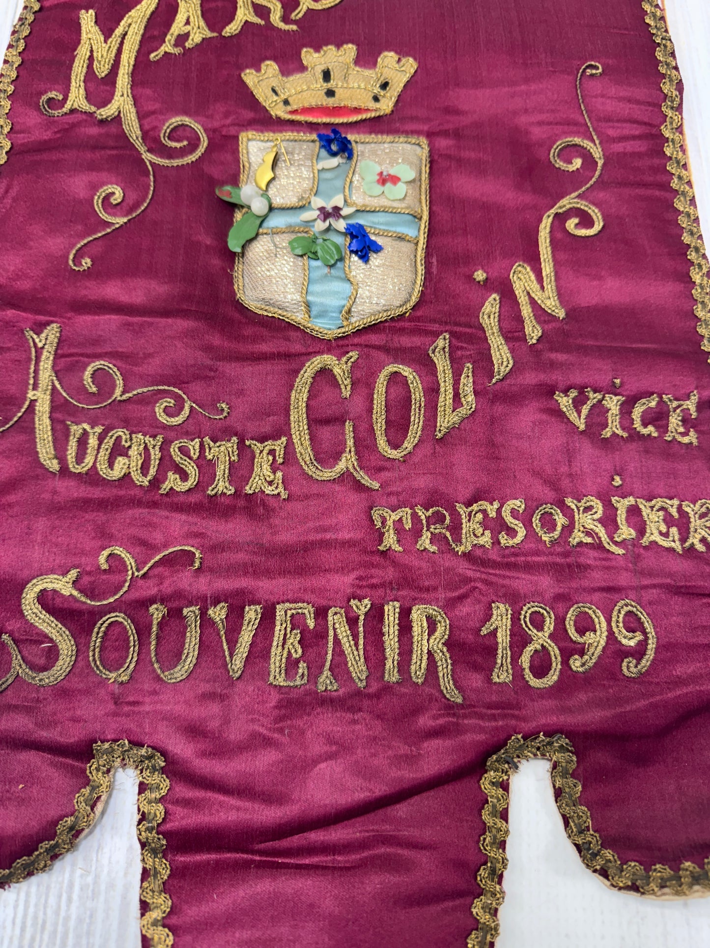 Antique 1899 Mi-Carême Marseille French Embroidered Silk Banner with Gold Metallic Thread