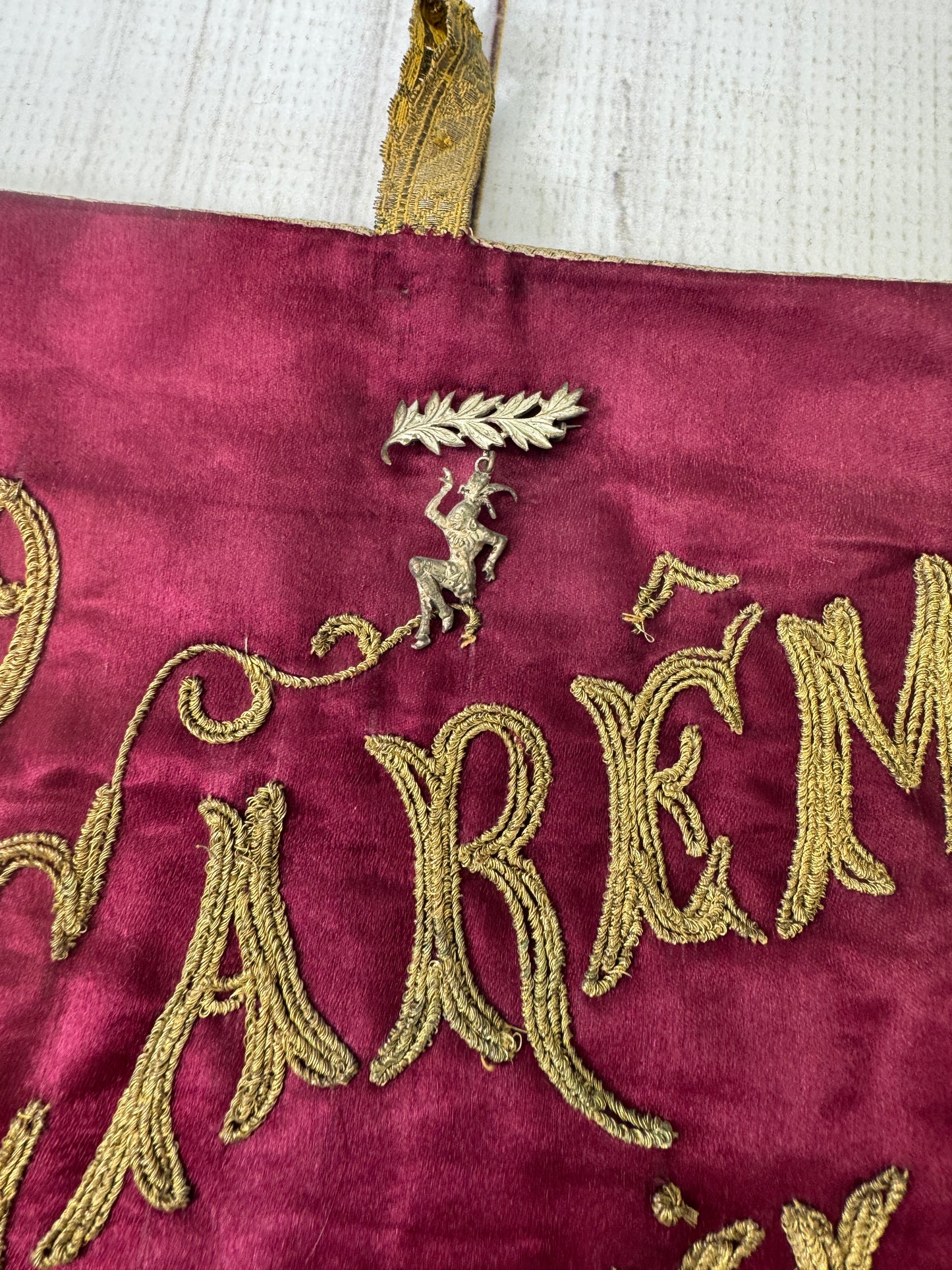 Antique 1899 Mi-Carême Marseille French Embroidered Silk Banner with Gold Metallic Thread