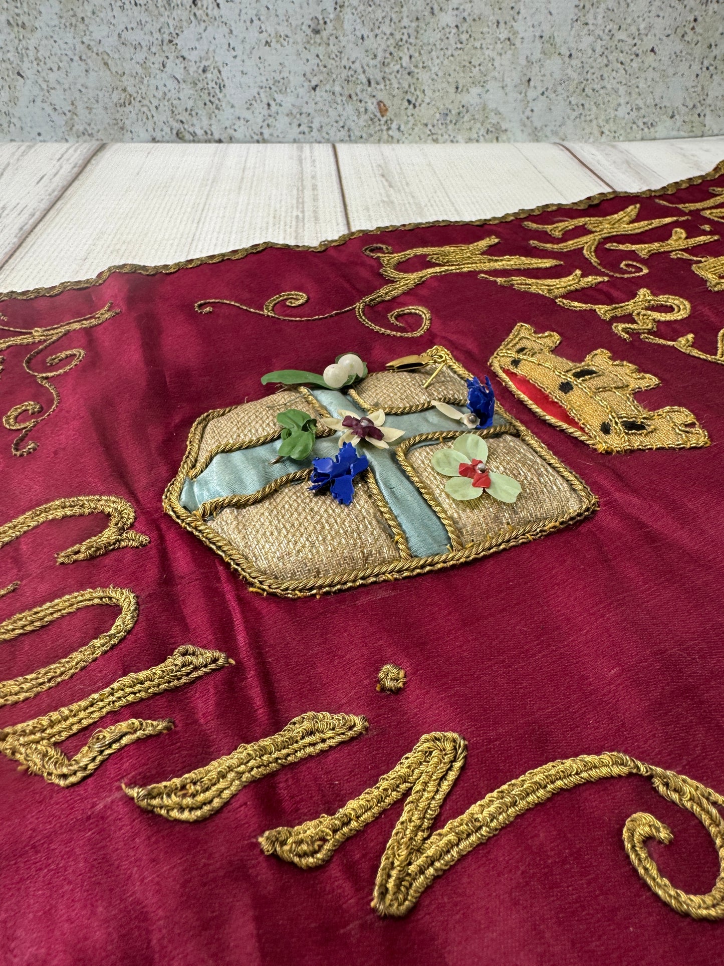 Antique 1899 Mi-Carême Marseille French Embroidered Silk Banner with Gold Metallic Thread