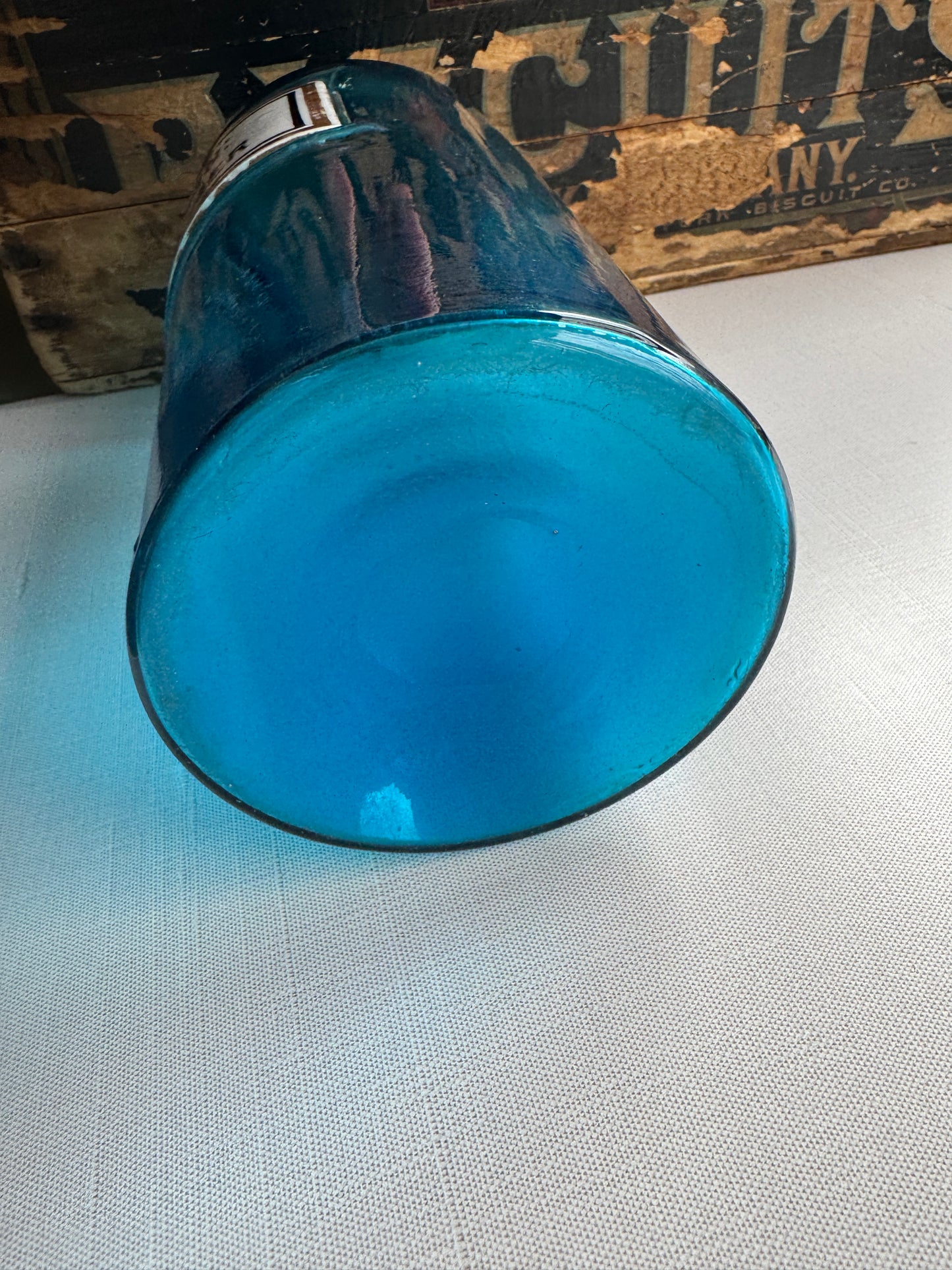Antique Blue Chemist Jar with Lid, 19th Century Large Blown Glass Container, Porcelain Label