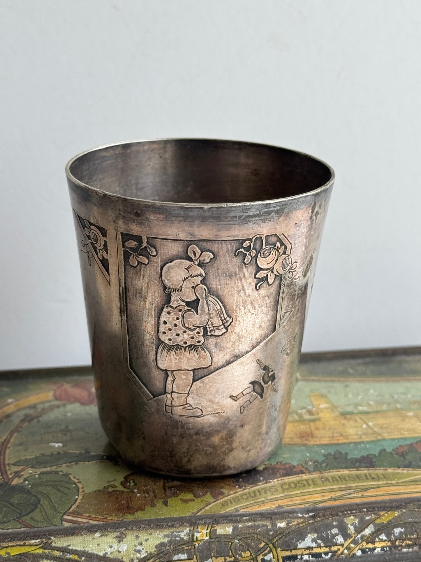 Antique French Silver Plated Baby Cup with Engraved Child and Monogram, Hallmarks