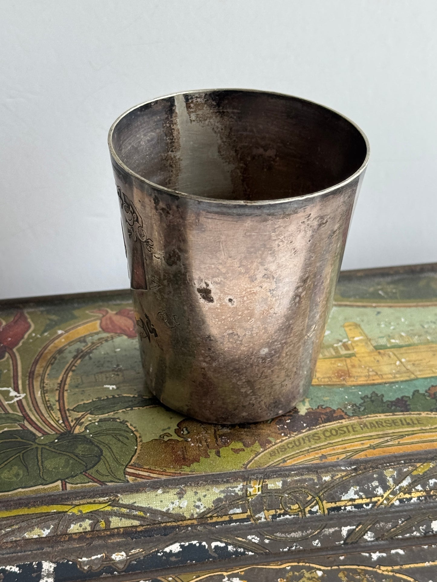 Antique French Silver Plated Baby Cup with Engraved Child and Monogram, Hallmarks