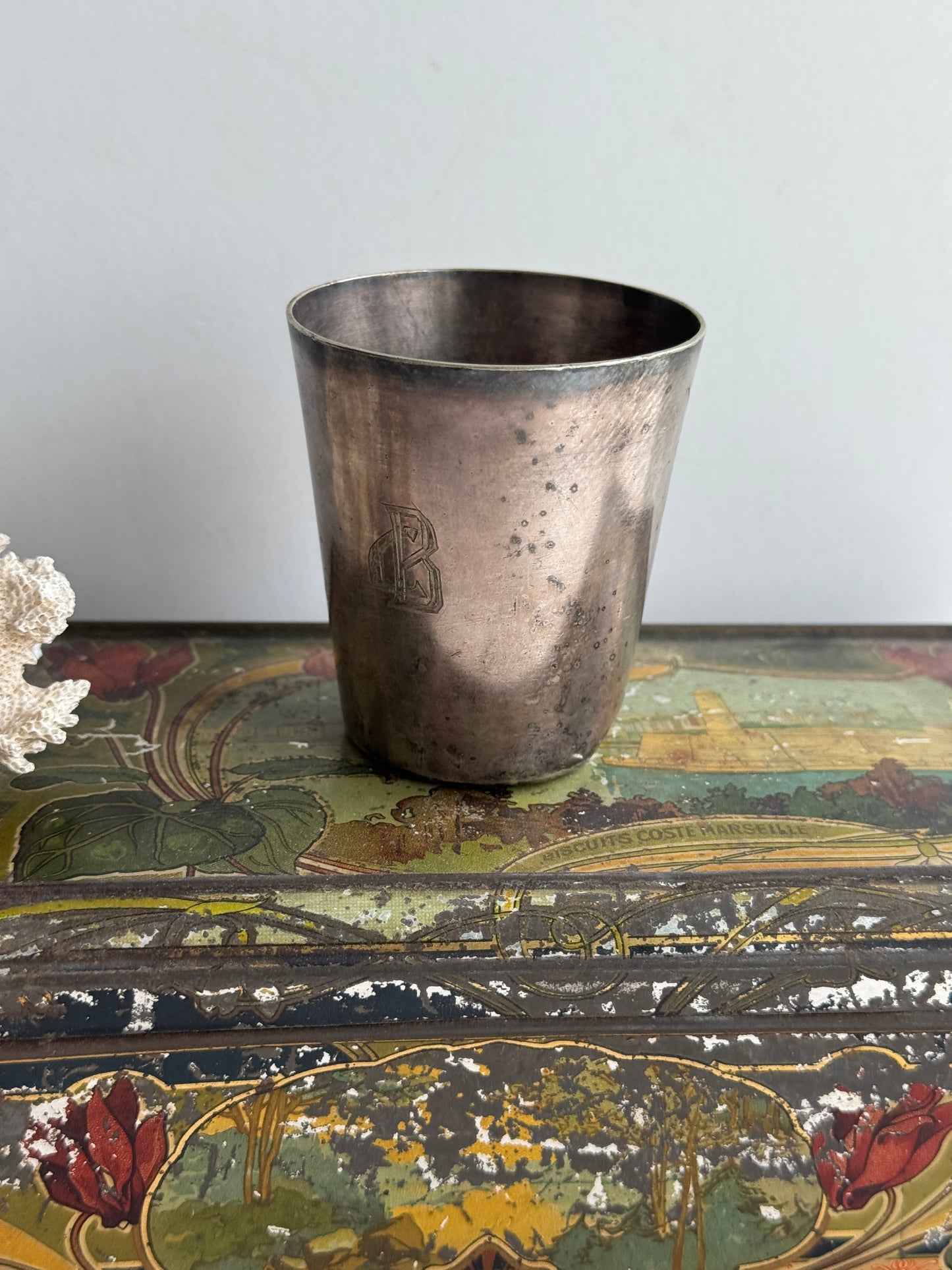 Antique French Silver Plated Baby Cup with Engraved Child and Monogram, Hallmarks