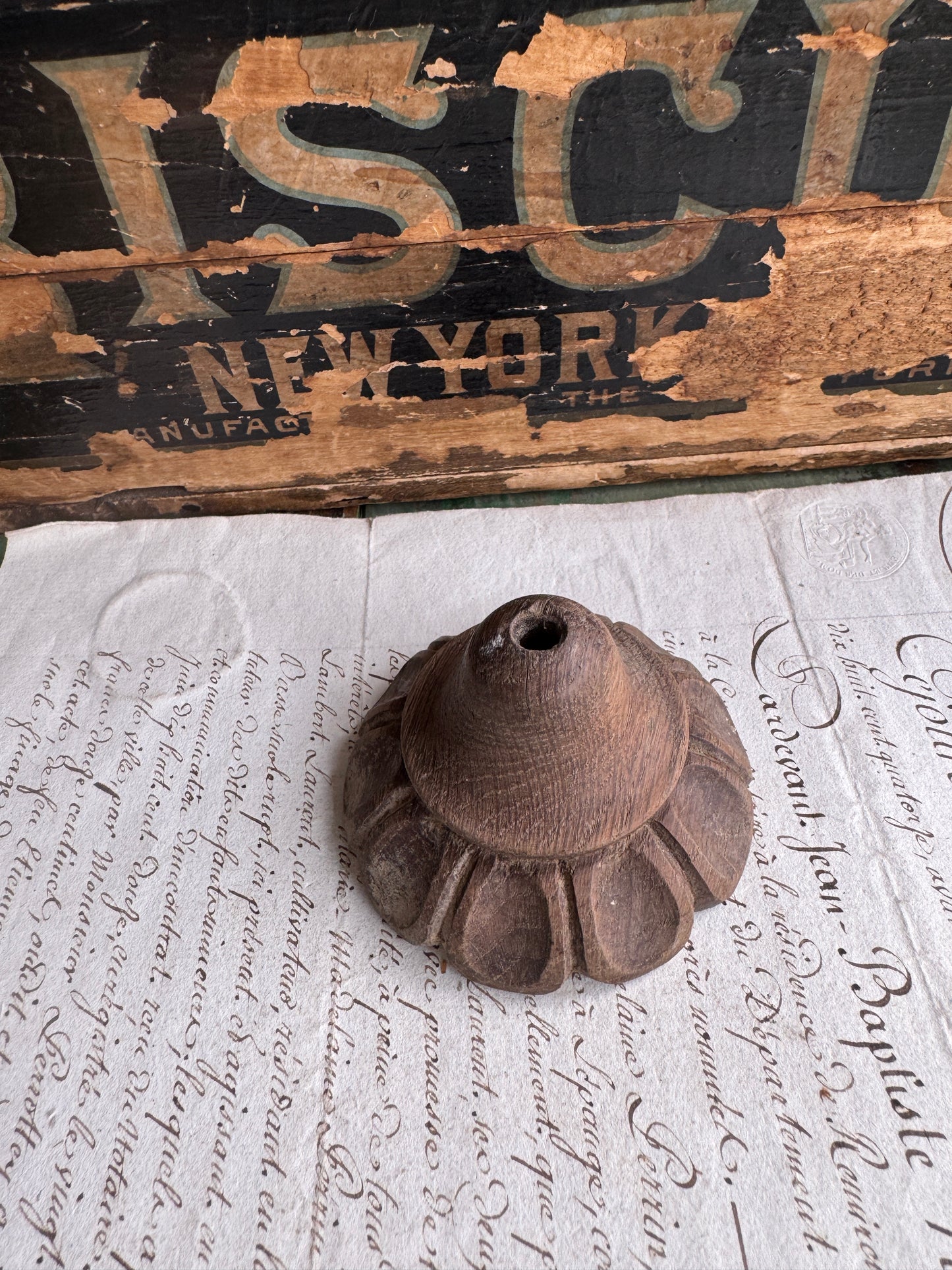 Antique Hand-Carved Wooden Finial with Petal Design