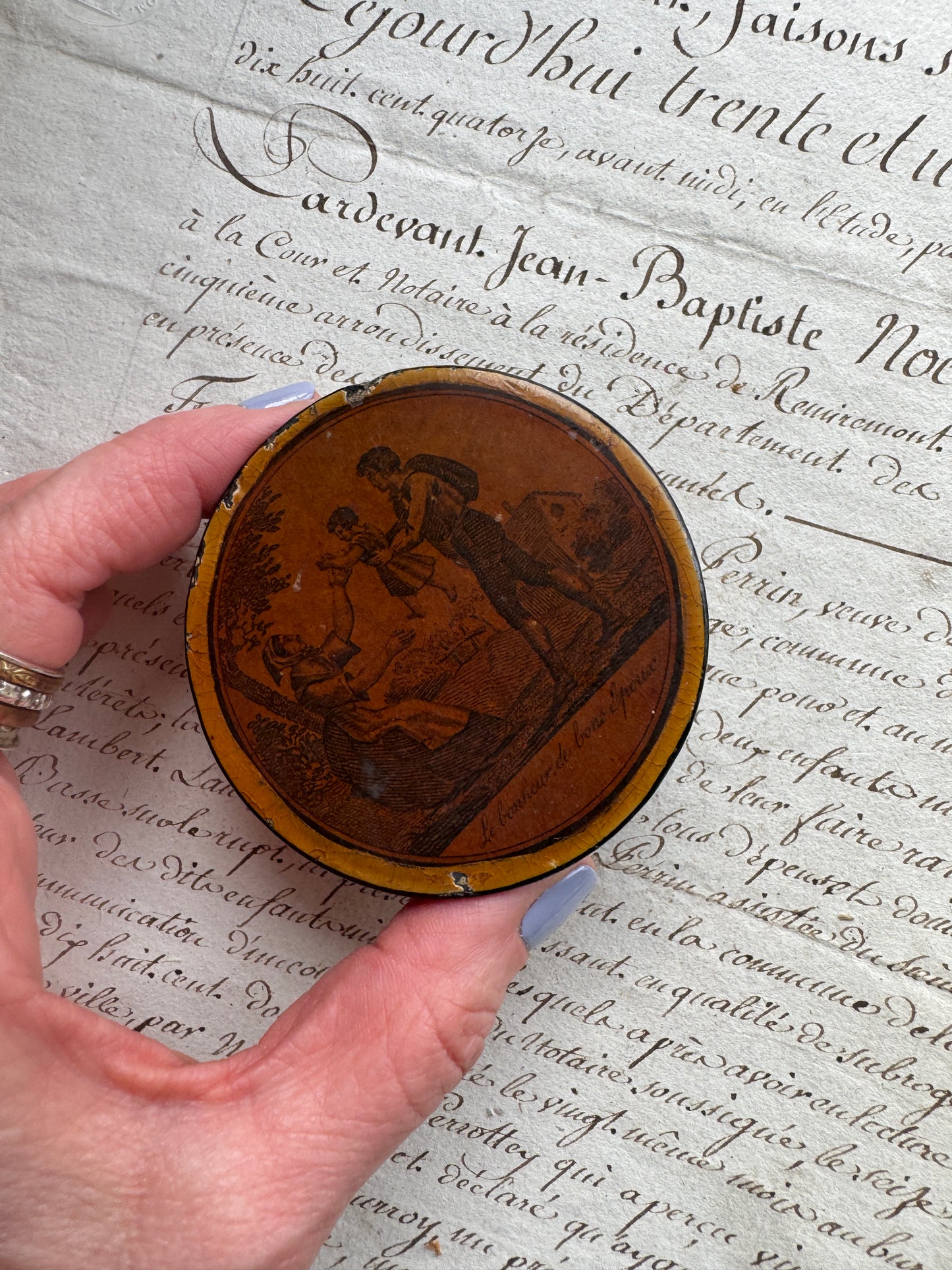 Antique French Snuff Box, Lacquer Papier Mâché Sentimental Family Scene, 19th Century