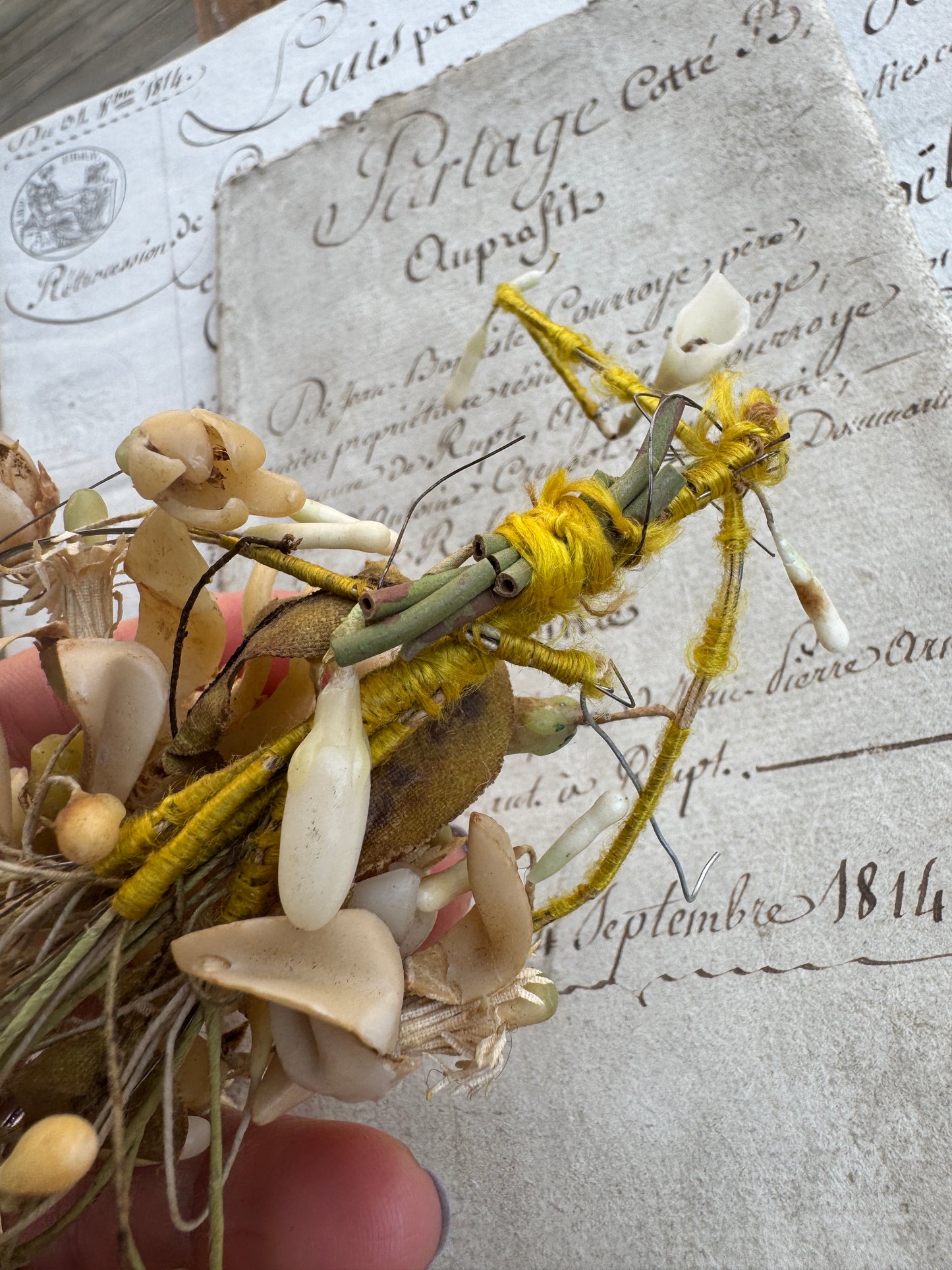 Antique French Wax Flower Bouquet, 19th Century Bridal or Mourning Keepsake