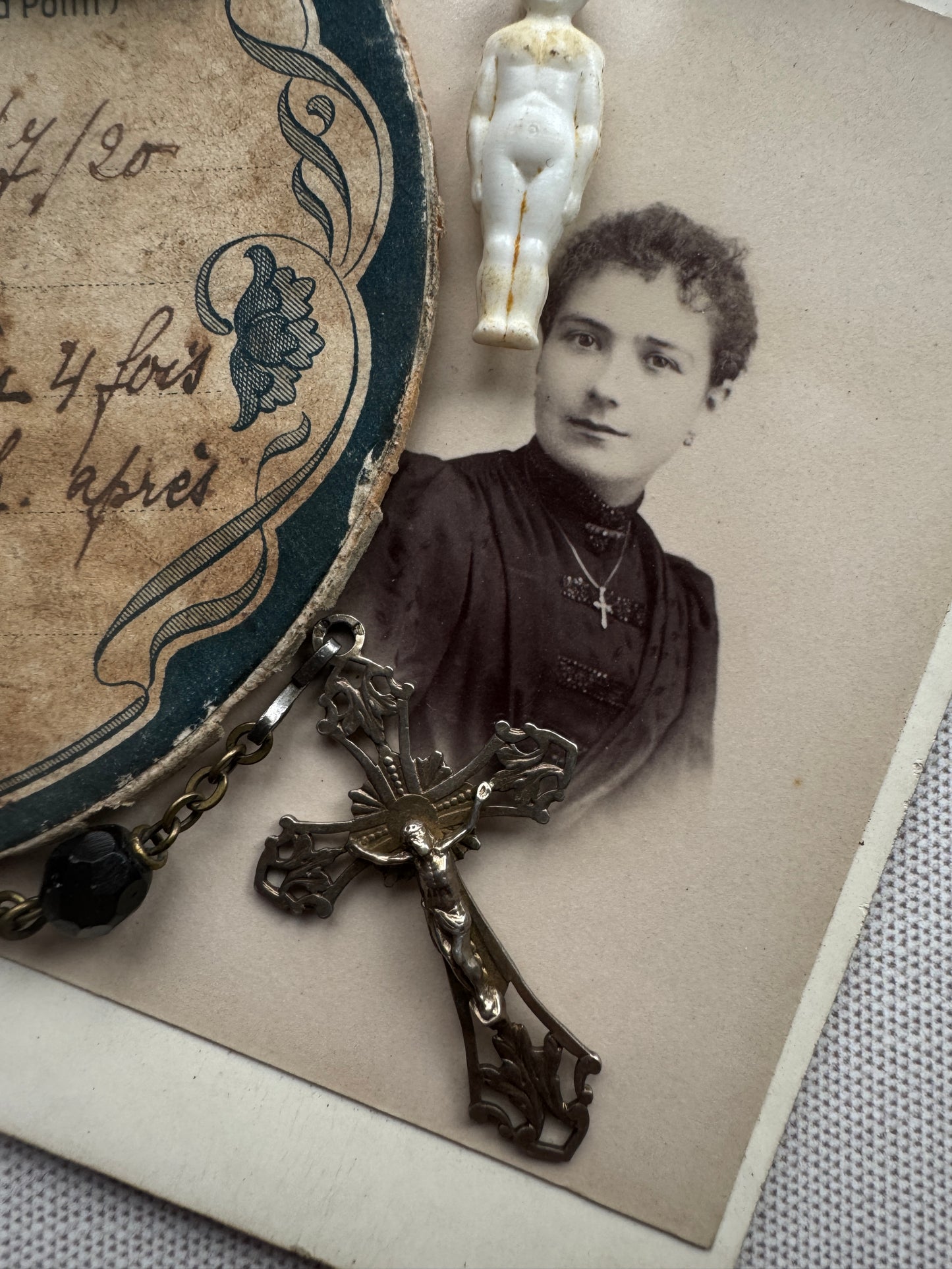 Antique French Vignette Lot, Rosary, Cabinet Card, Doll, Ephemera & More
