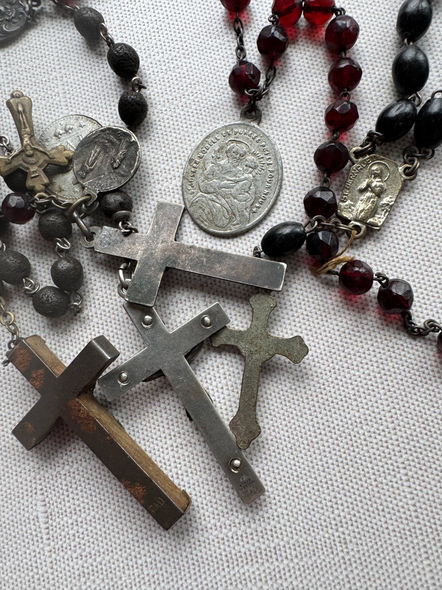 Antique French Rosary Lot with Crucifixes and Religious Medals
