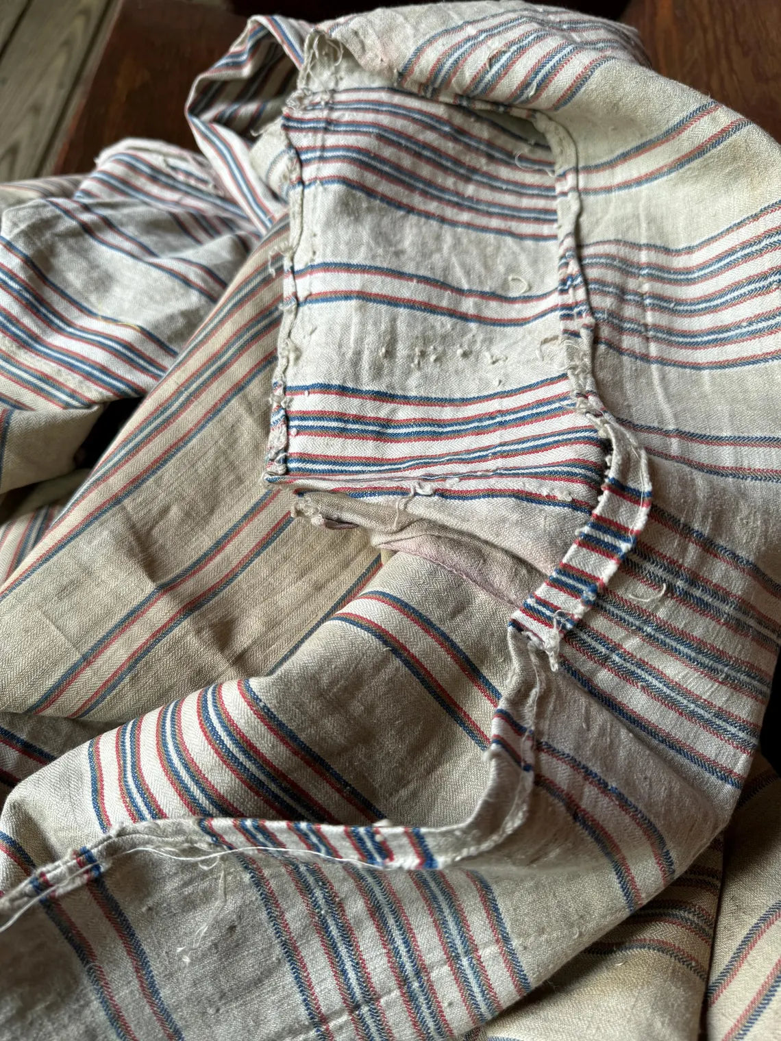Antique French Ticking Fabric, Red and Blue Stripes, Mattress Cotton Remnant 84" x 52"