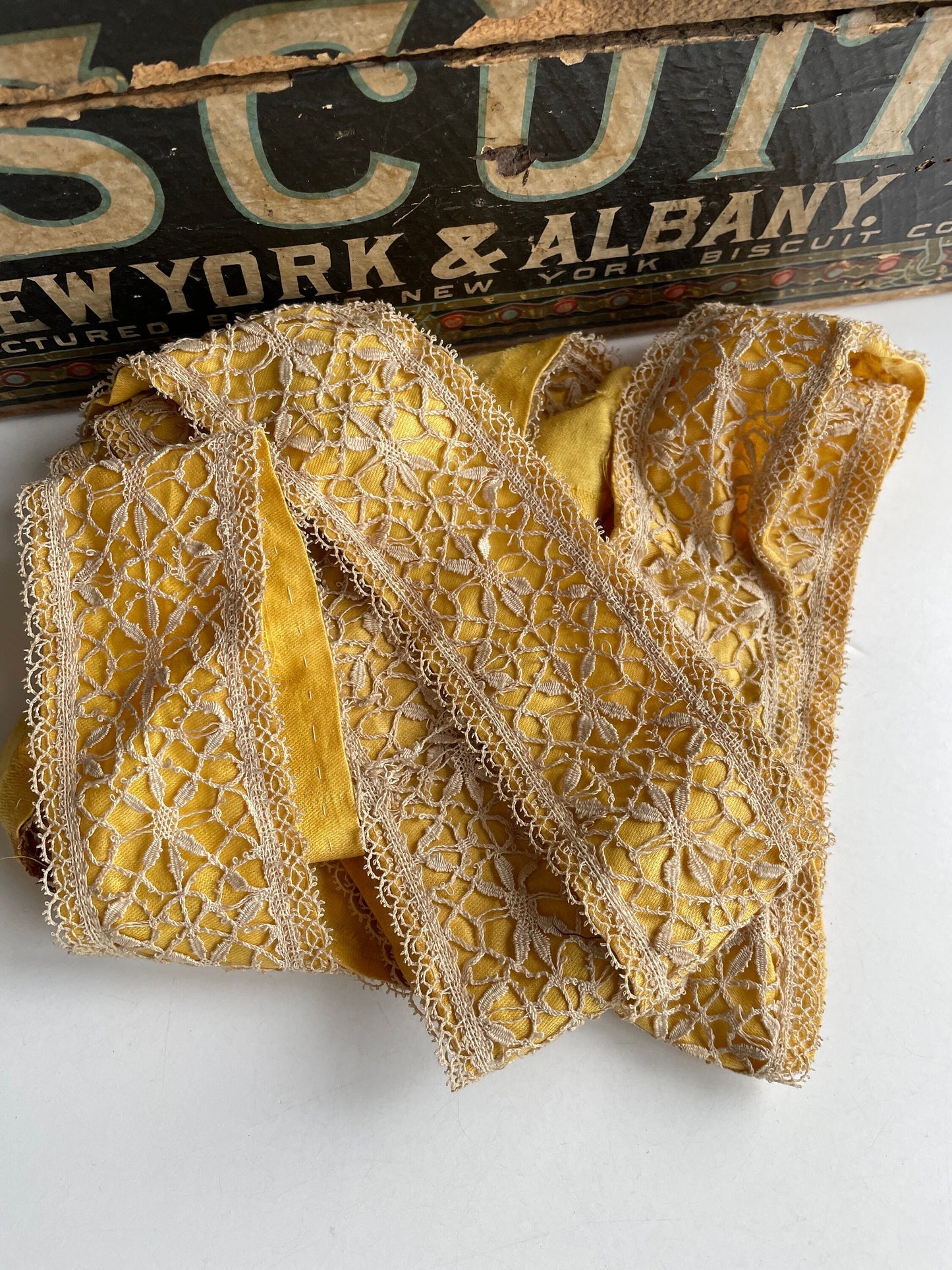 Handmade French Lace with Fabric Backing, Antique Trim, Yellow Gold