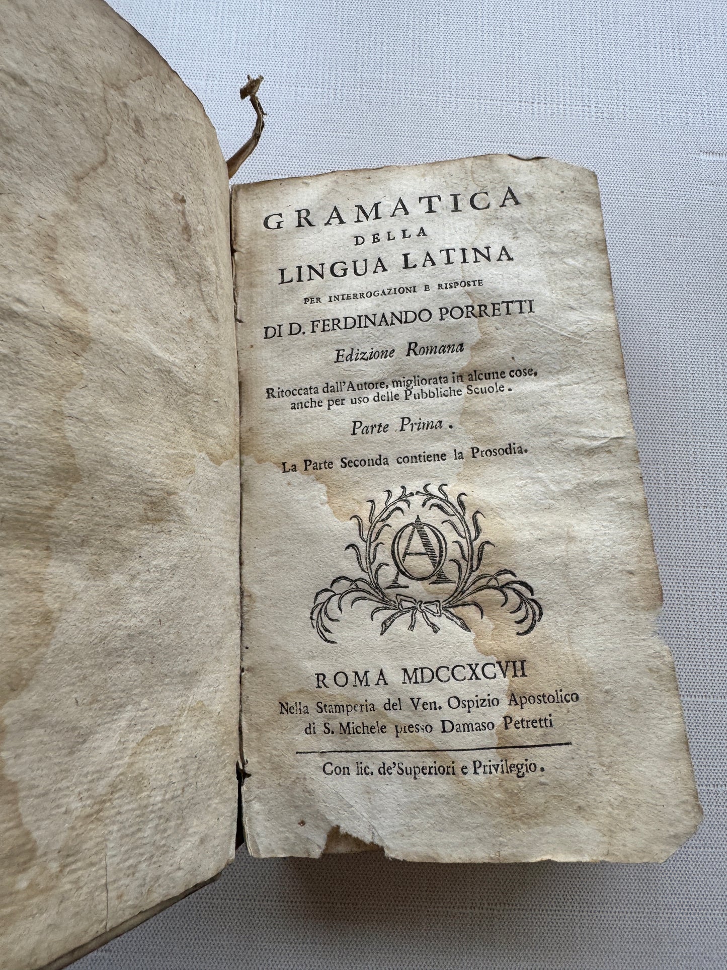 1797 Latin Grammar Book by Ferdinando Porretti – Roman Edition