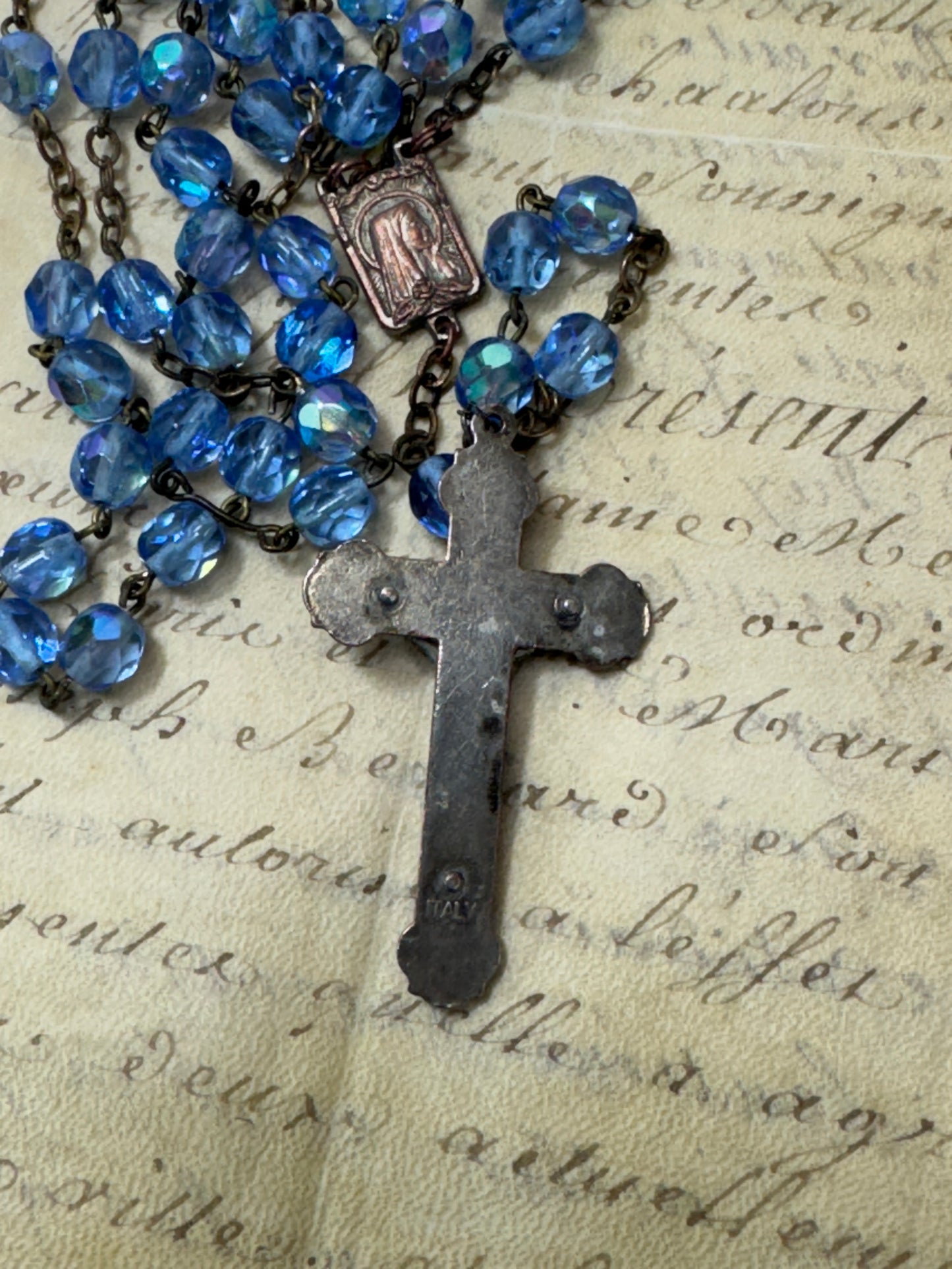 Vintage Italian Rosary with Blue Faceted Glass Beads