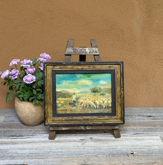 Vintage French Pastoral Painting with Sheep and Shepherd- Signed Painting