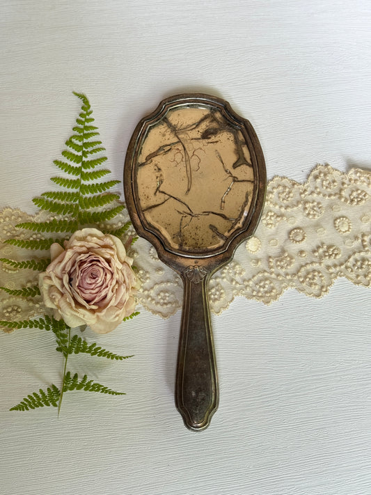 Antique French Hand Mirror with Cracked Glass and Ornate Handle