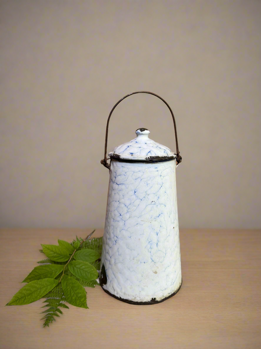 Antique French Graniteware Pot | White & Blue Enamel Canister with Lid and Handle