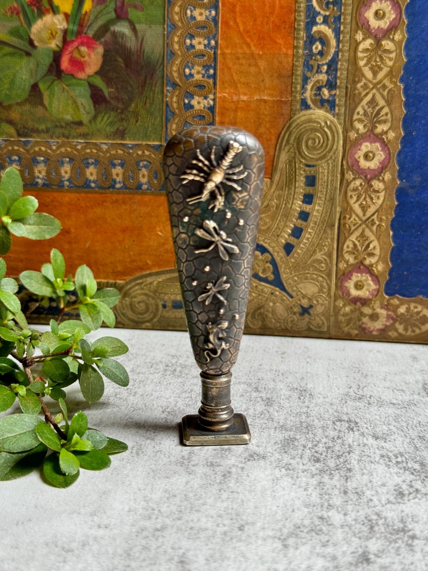 French Bronze Seal with Scorpion, Dragonflies, Lizard, Wax Letter Seal Stamp with Unusual Design