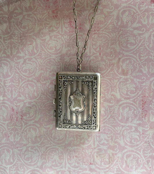 Antique Compact Purse, German Silver Victorian Coin or Card Holder with Chain, Monogrammed Shield, Wristlet, Collectible,