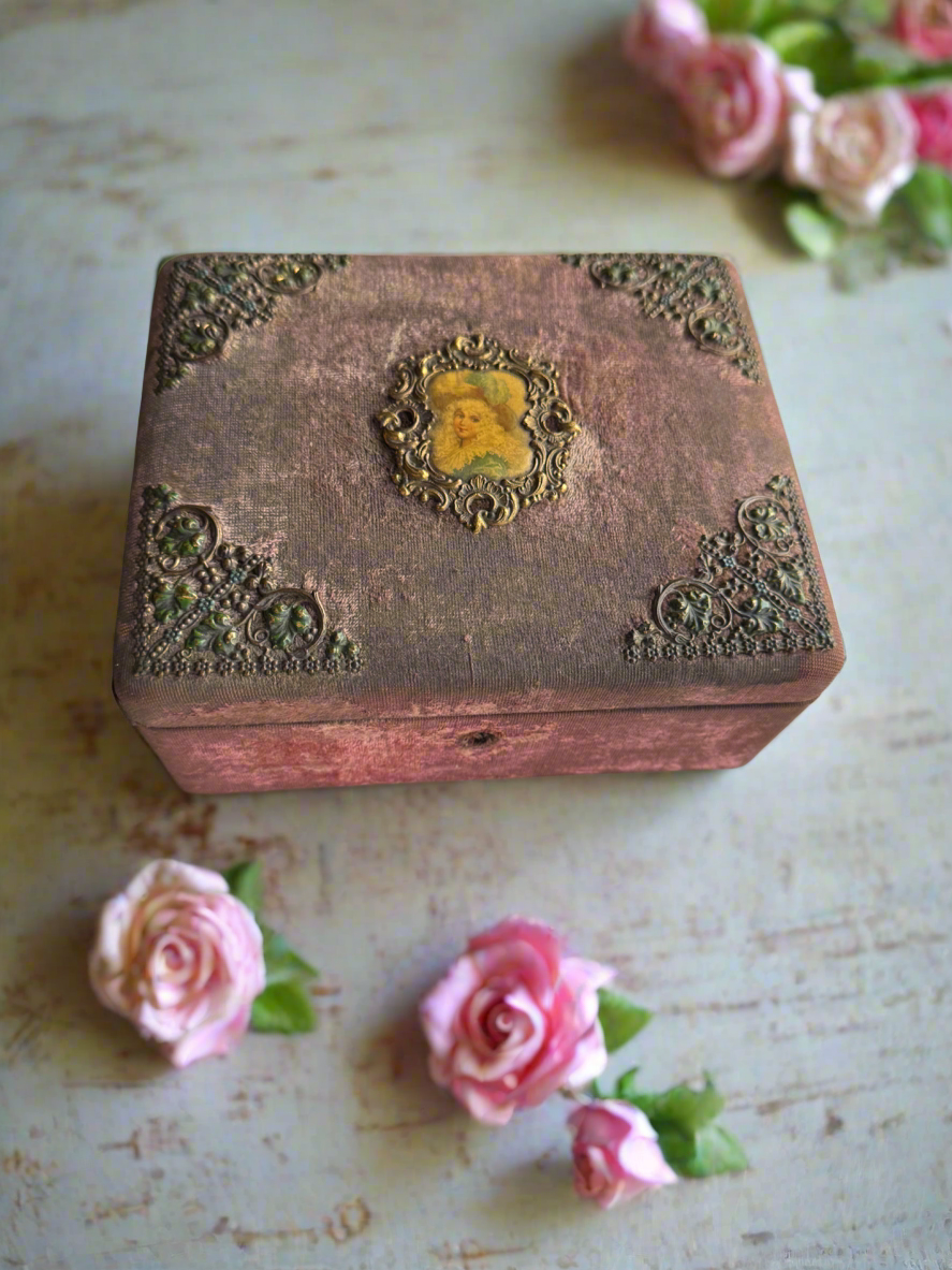 Antique French Velvet Jewelry Box with Tufted Silk Interior