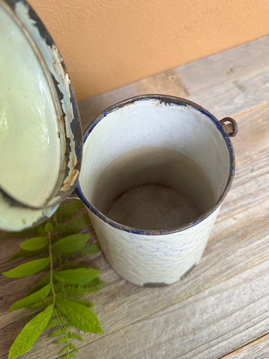 Antique French Graniteware Pot | White & Blue Enamel Canister with Lid and Handle