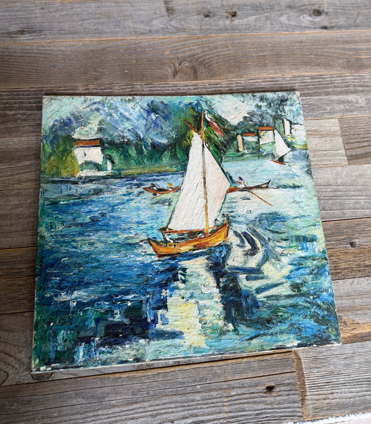 Vintage French Sailboat Painting Impressionist Coastal Scene on Board- Blue and White