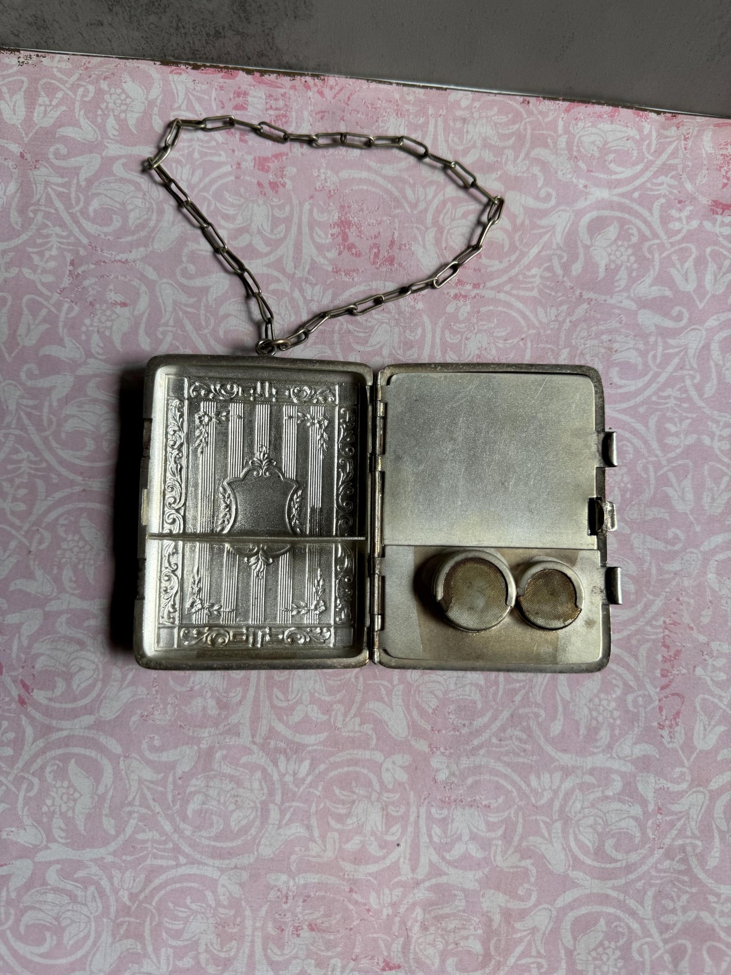 Antique Compact Purse, German Silver Victorian Coin or Card Holder with Chain, Monogrammed Shield, Wristlet, Collectible