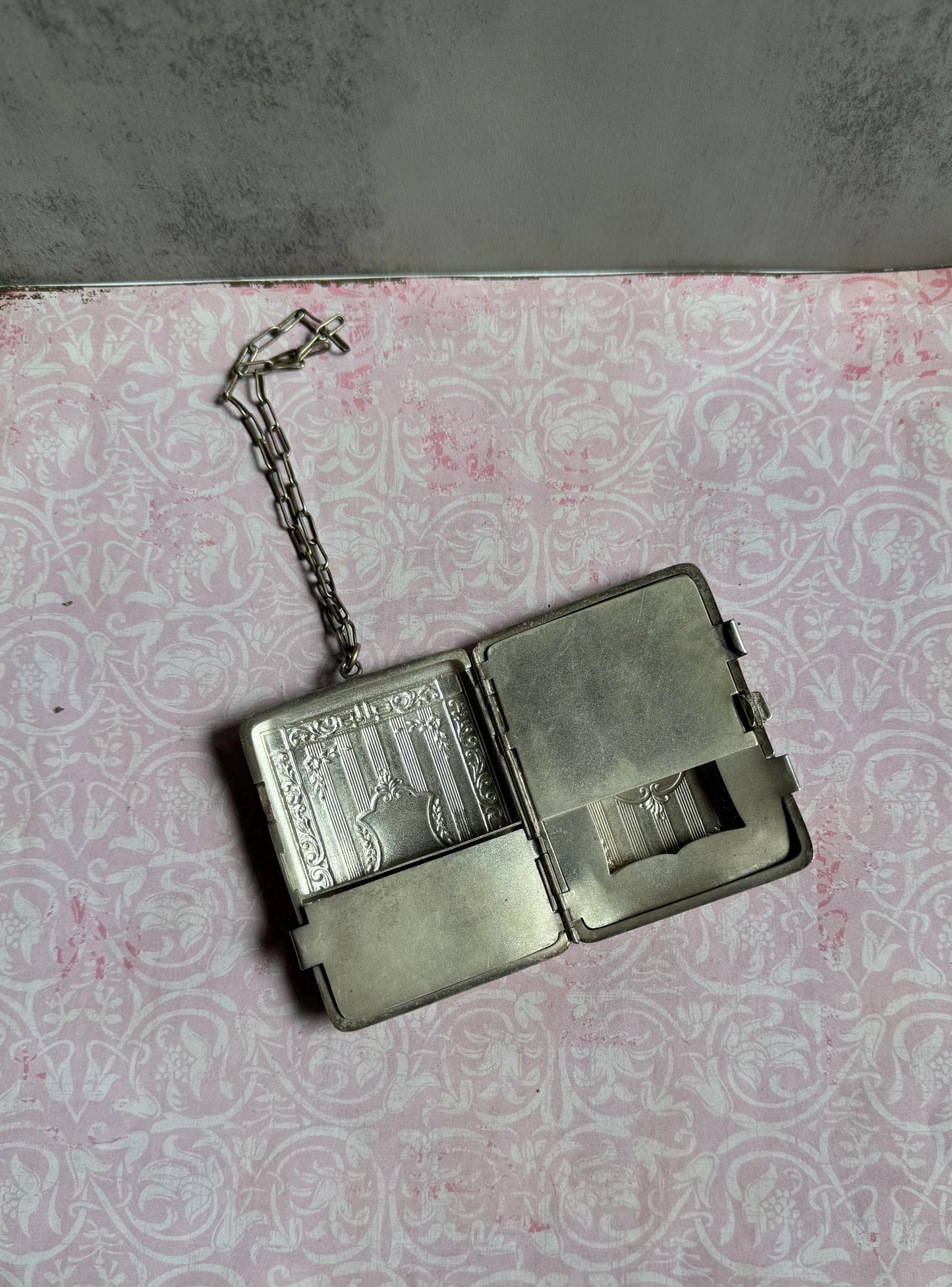 Antique Compact Purse, German Silver Victorian Coin or Card Holder with Chain, Monogrammed Shield, Wristlet, Collectible