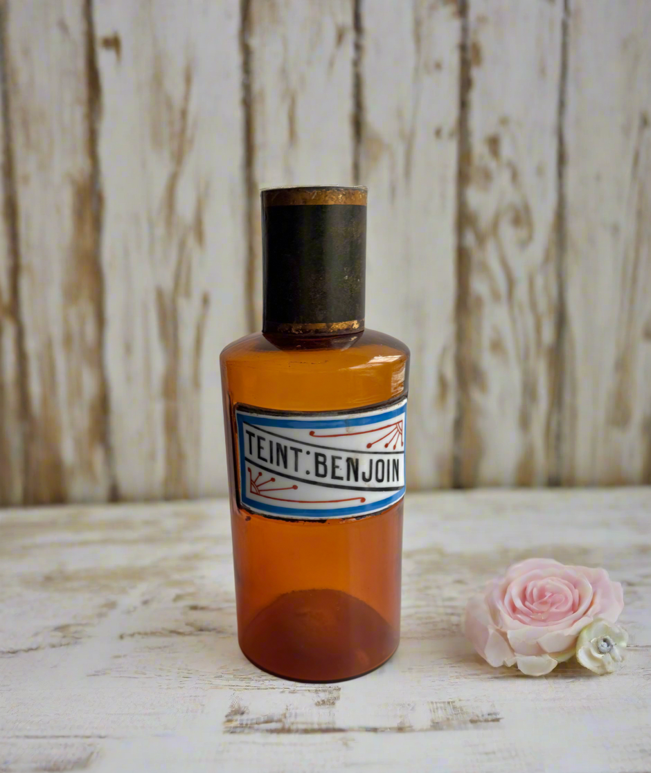 Antique French Apothecary Bottle, Amber Colored Glass, Porcelain Label