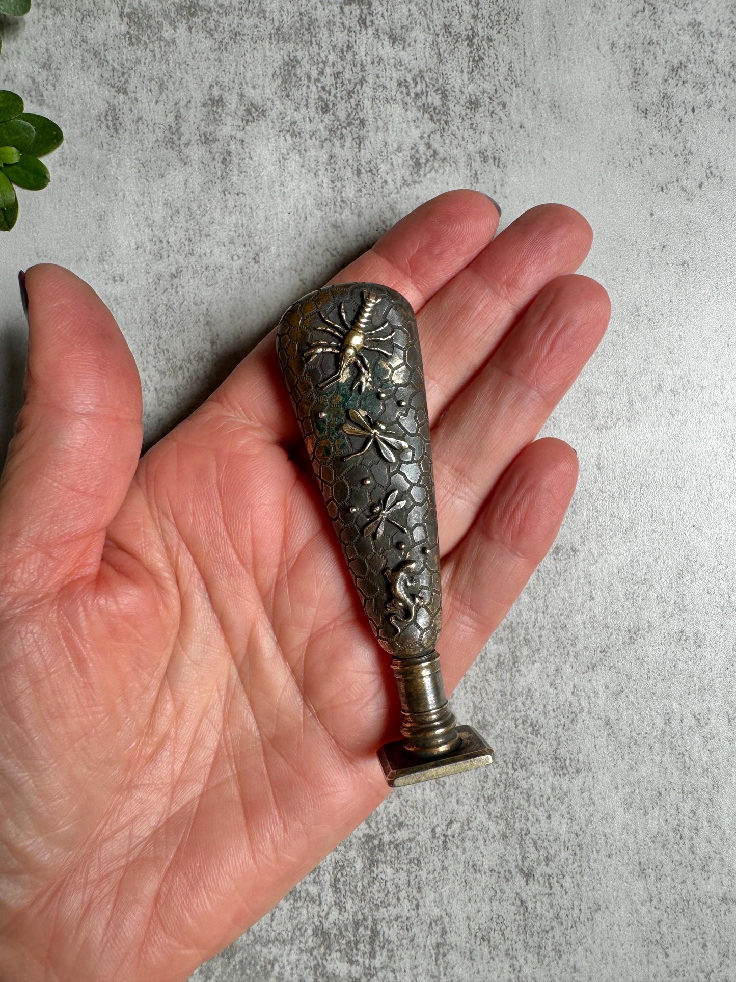 French Bronze Seal with Scorpion, Dragonflies, Lizard, Wax Letter Seal Stamp with Unusual Design