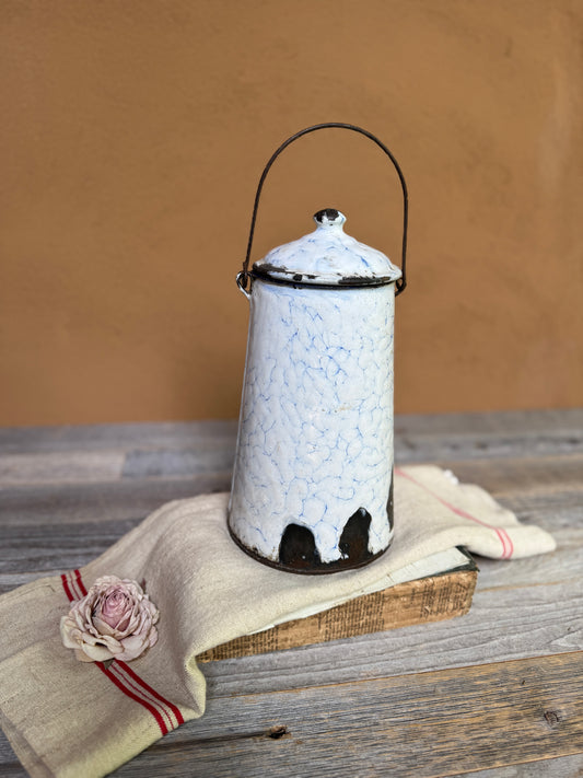 Antique French Graniteware Pot | White & Blue Enamel Canister with Lid and Handle