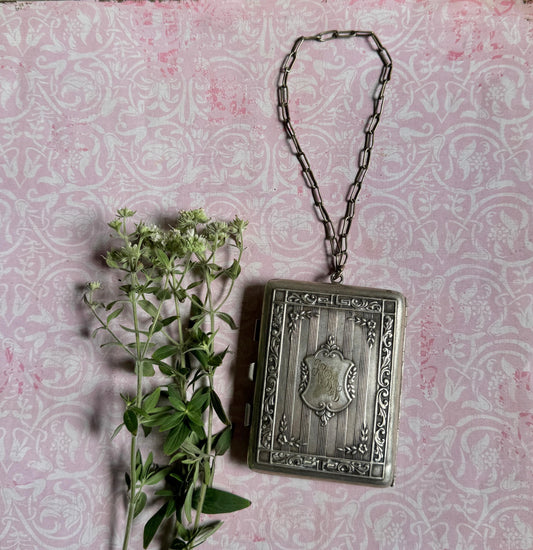 Antique Compact Purse, German Silver Victorian Coin or Card Holder with Chain, Monogrammed Shield, Wristlet, Collectible,