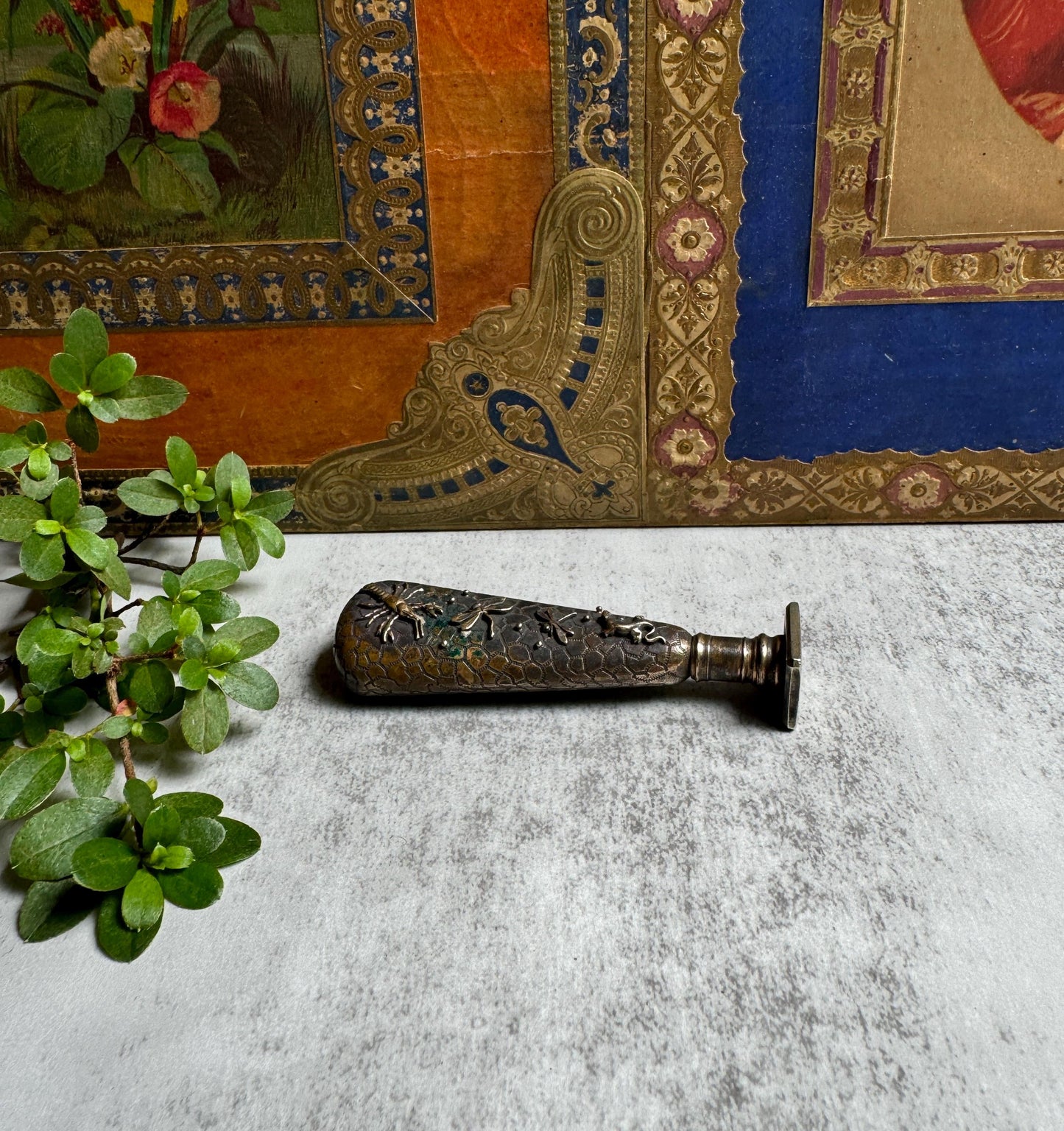 French Bronze Seal with Scorpion, Dragonflies, Lizard, Wax Letter Seal Stamp with Unusual Design