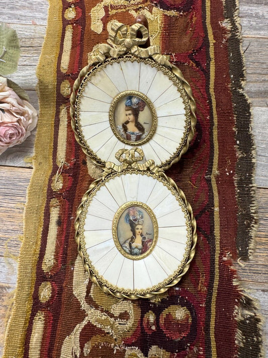 Antique French Hand-Painted Portrait in Oval Bone Frame
