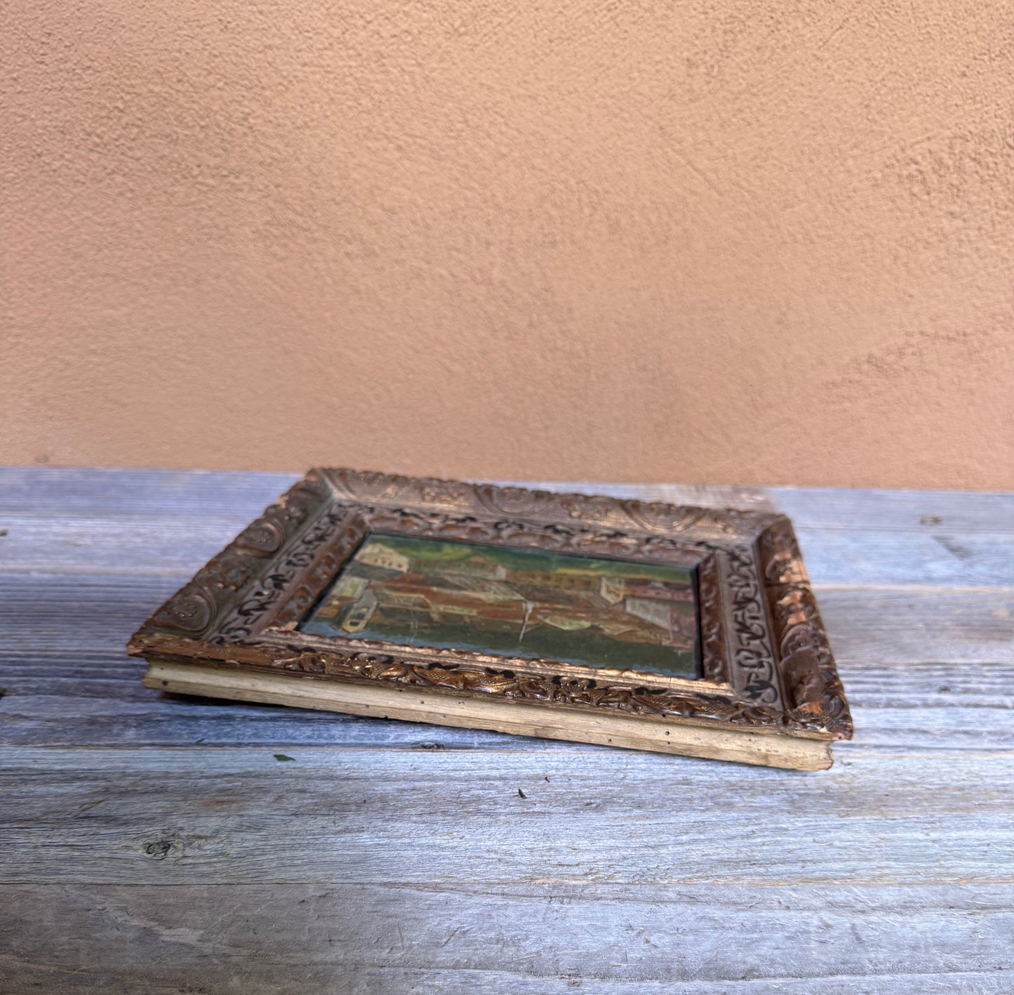 French Village Oil Painting on Metal Panel Ornate Frame