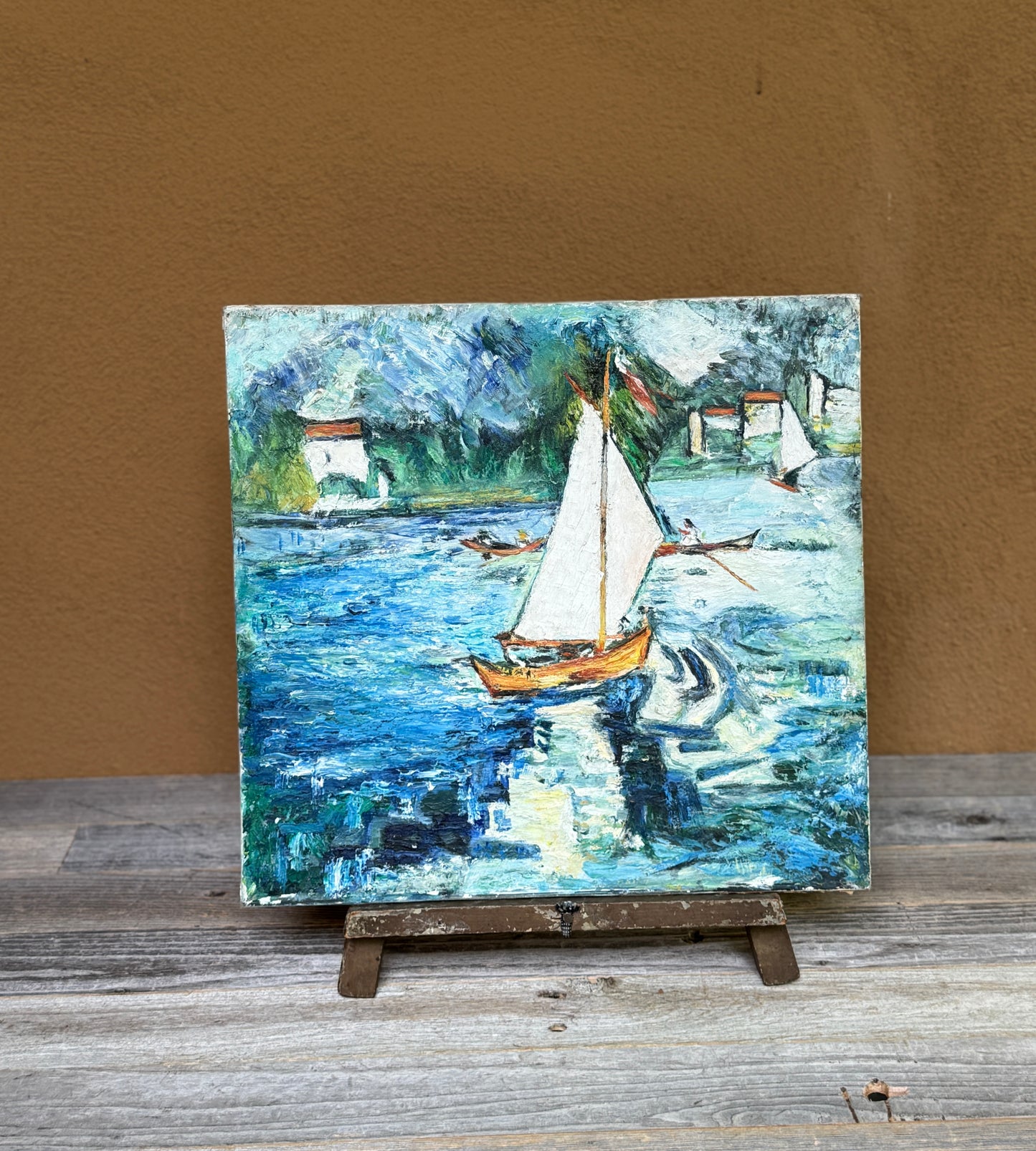 Vintage French Sailboat Painting Impressionist Coastal Scene on Board- Blue and White