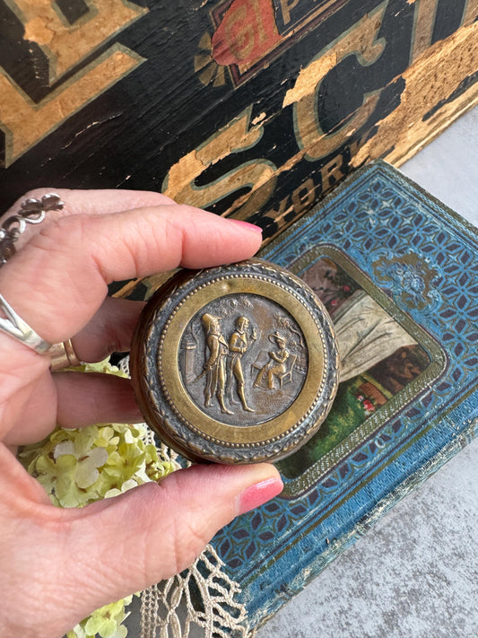 Antique French Box with Detailed Embossed Cover, Snuff Box, Collectible Bronze Colored Container
