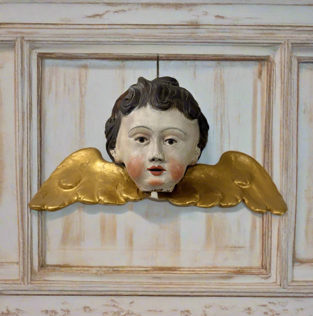 Hand-Carved Cherub Head with Gilded Wings, French Antique