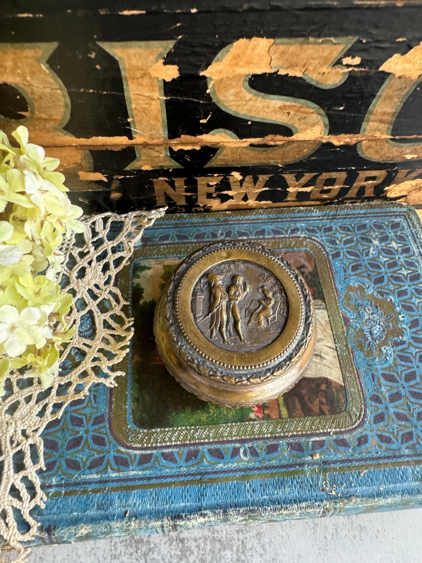 Antique French Box with Detailed Embossed Cover, Snuff Box, Collectible Bronze Colored Container