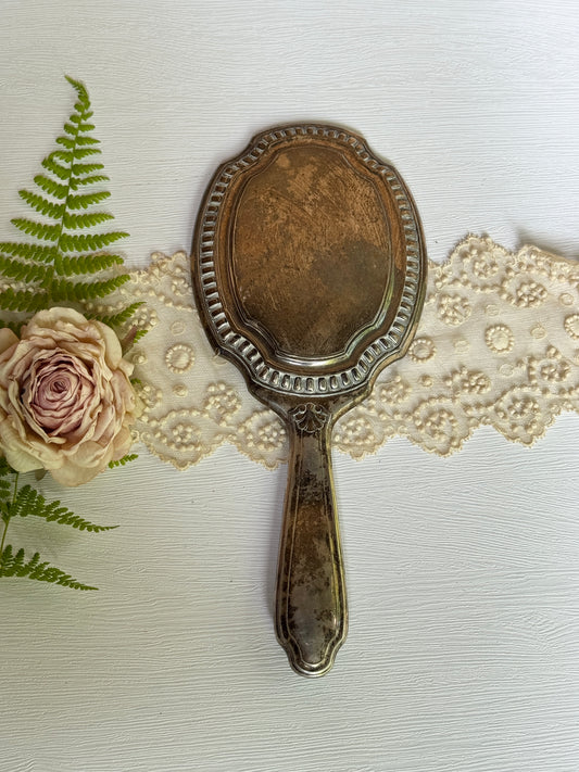 Antique French Hand Mirror with Cracked Glass and Ornate Handle