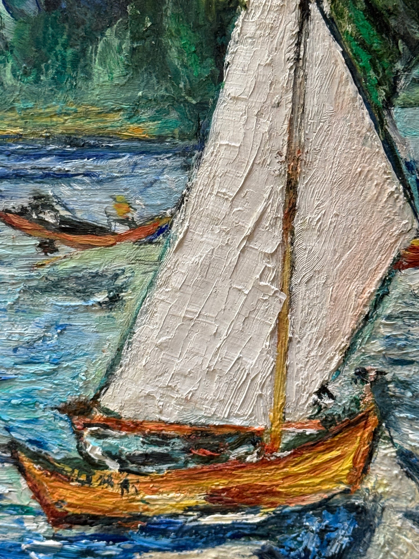 Vintage French Sailboat Painting Impressionist Coastal Scene on Board- Blue and White