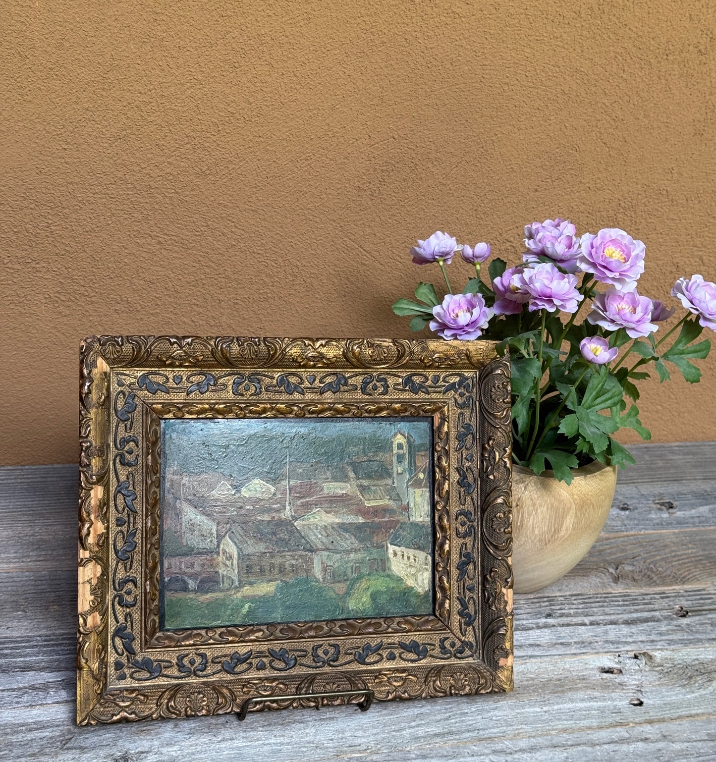 French Village Oil Painting on Metal Panel Ornate Frame