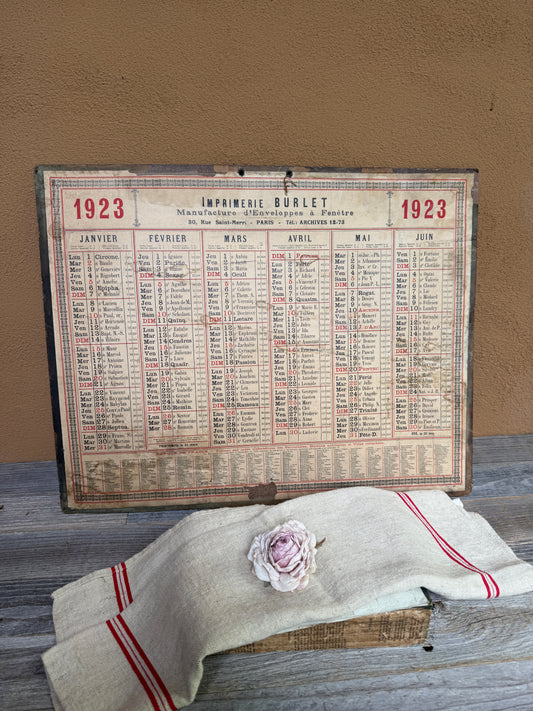 Antique 1923 French Calendar | Imprimerie Burlet Paris | Ephemera Wall Chart