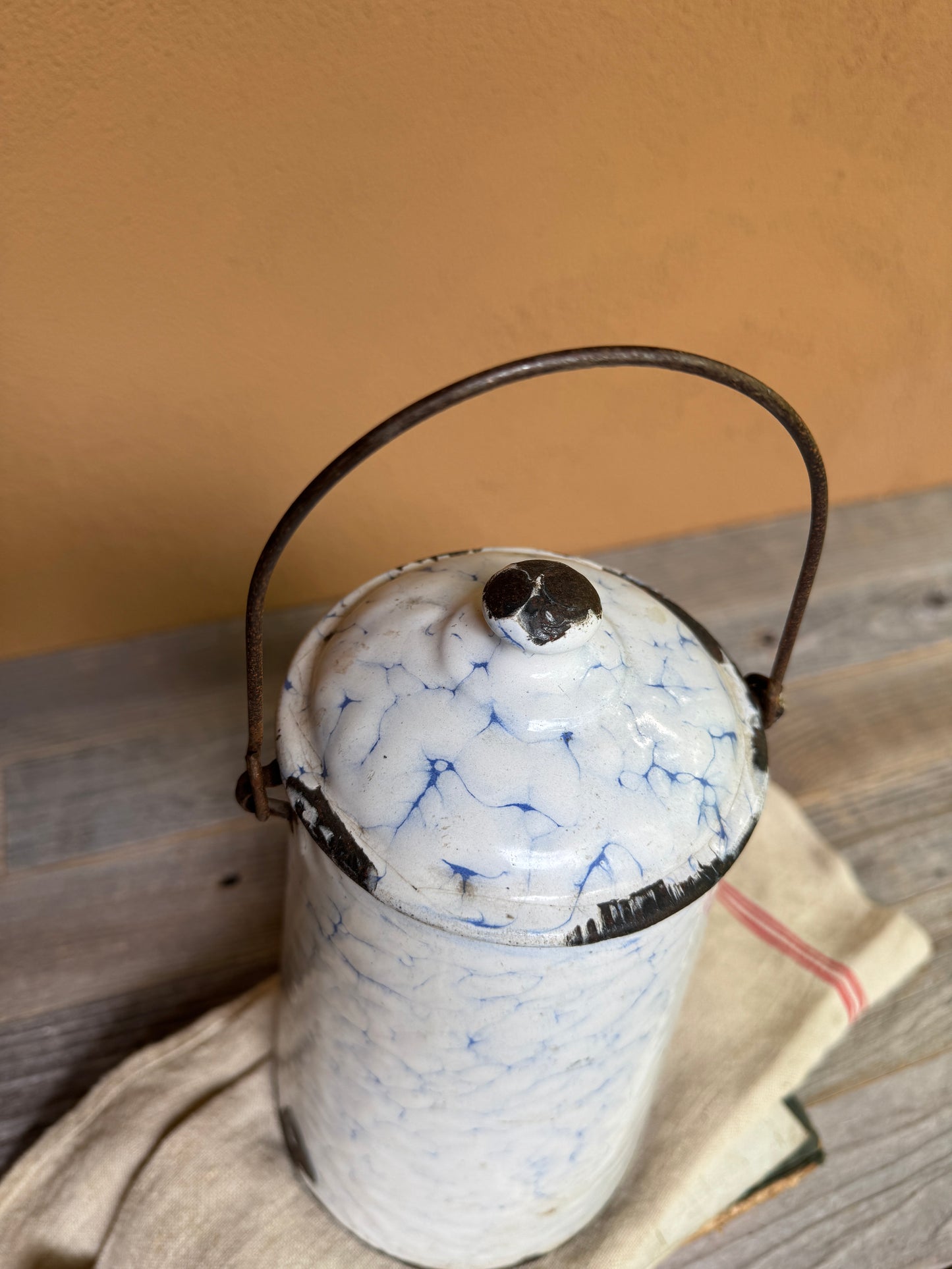 Antique French Graniteware Pot | White & Blue Enamel Canister with Lid and Handle
