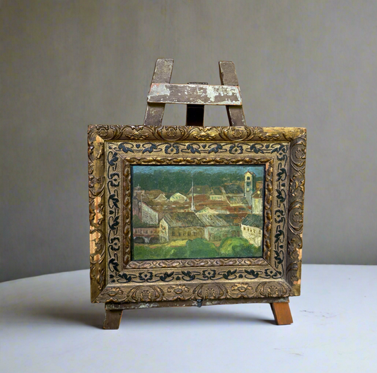 French Village Oil Painting on Metal Panel Ornate Frame