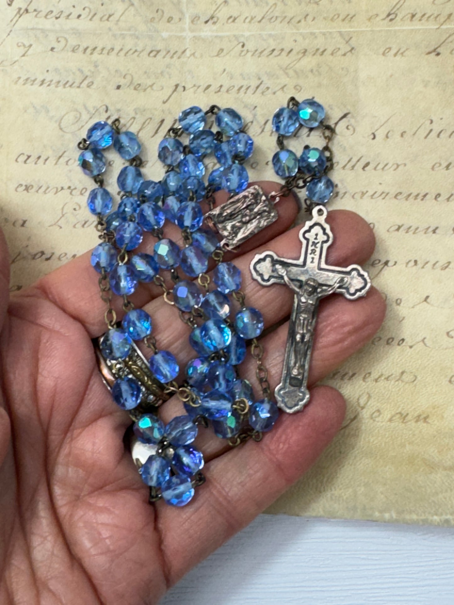 Vintage Italian Rosary with Blue Faceted Glass Beads