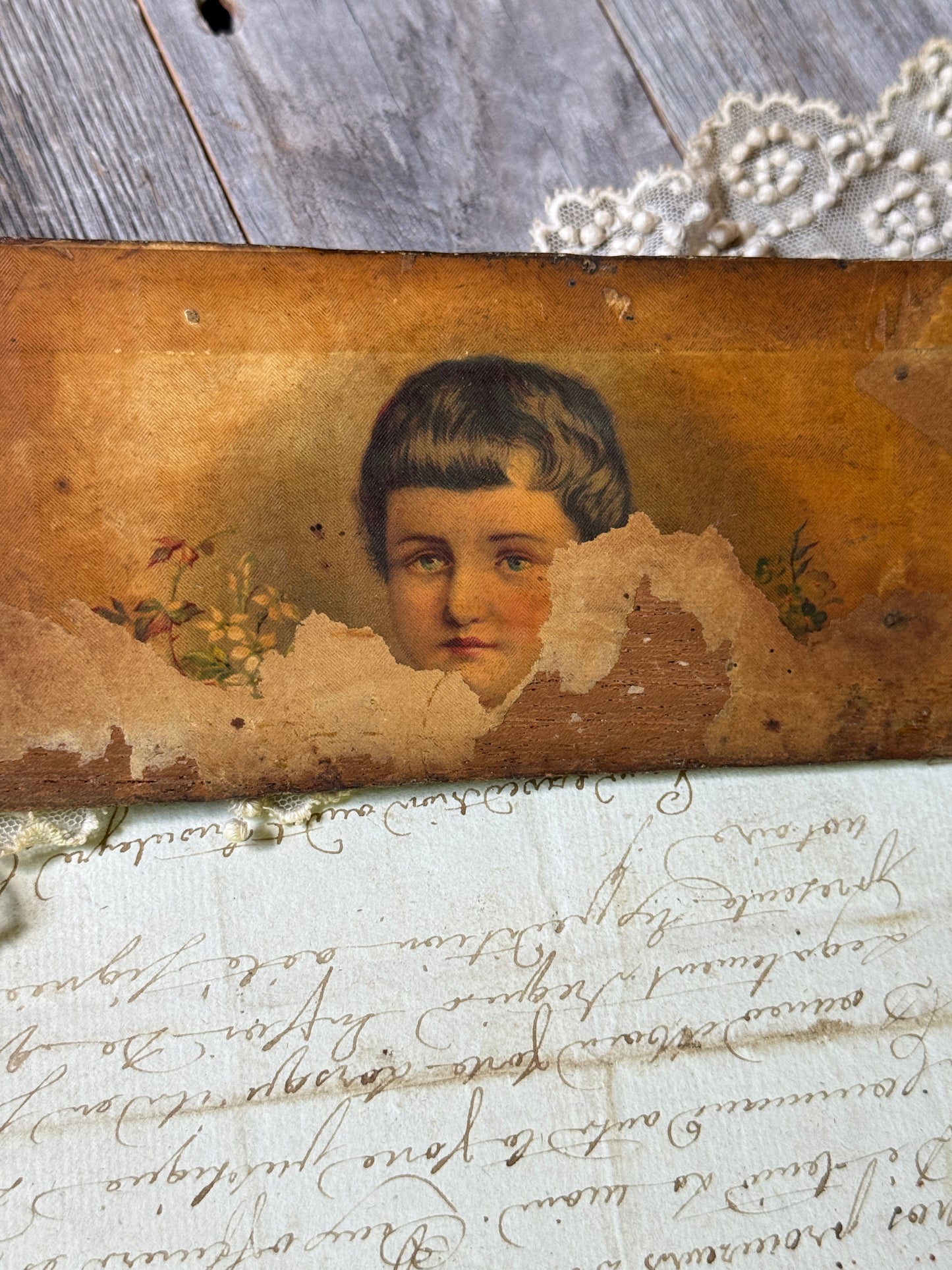 Antique Wooden Crate Fragment with Child Portrait — MEA Rotterdam