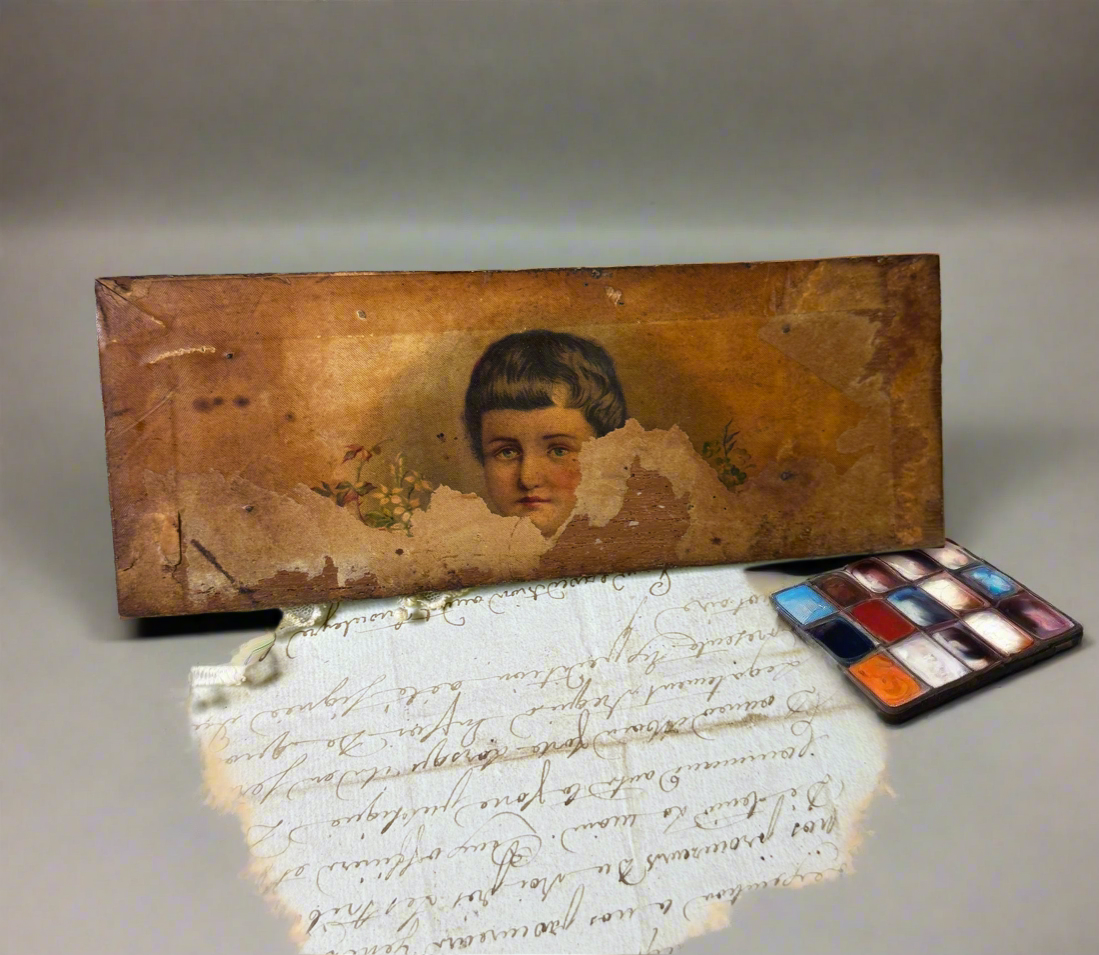 Antique Wooden Crate Fragment with Child Portrait — MEA Rotterdam