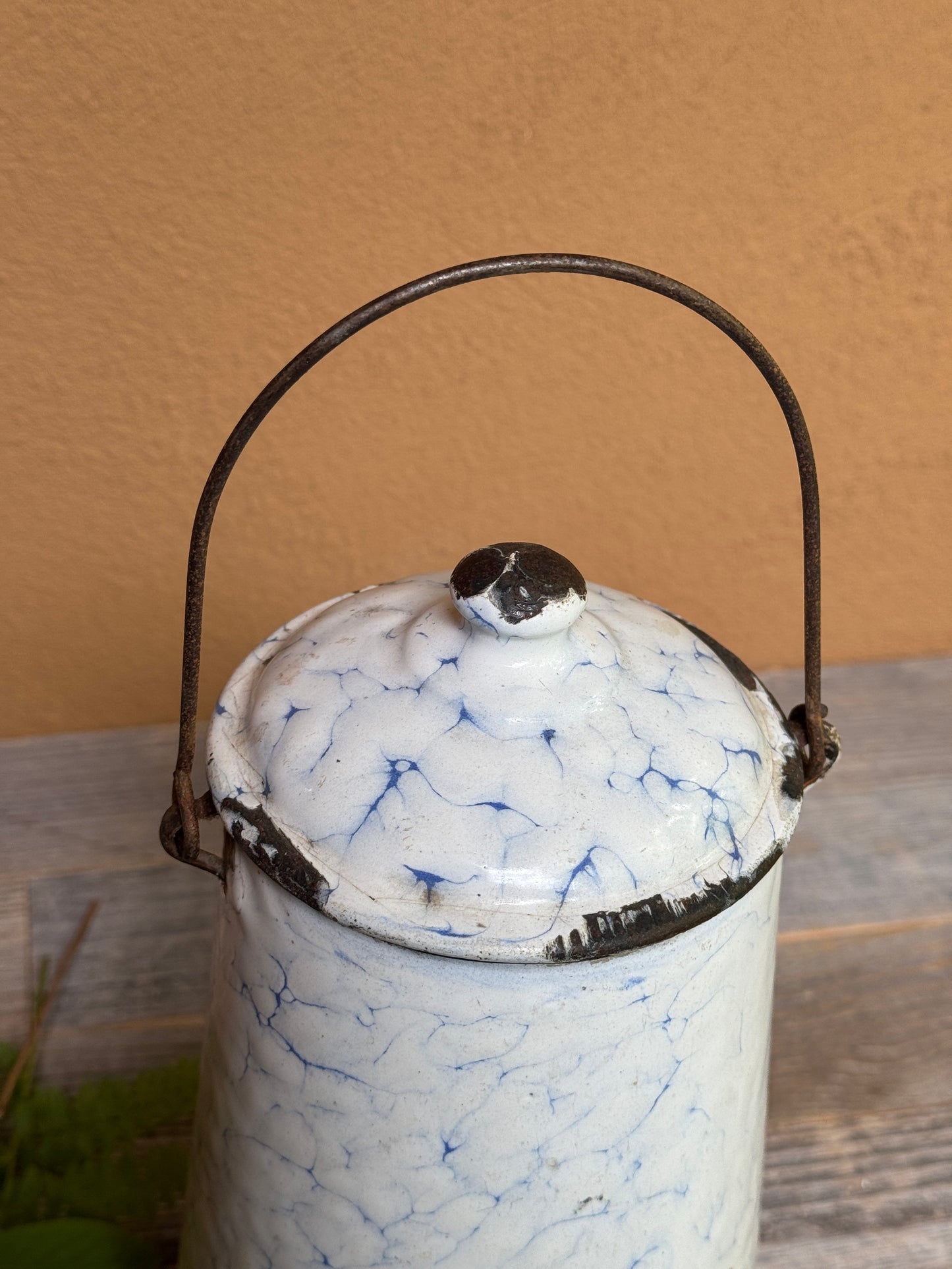 Antique French Graniteware Pot | White & Blue Enamel Canister with Lid and Handle
