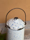 Antique French Graniteware Pot | White & Blue Enamel Canister with Lid and Handle