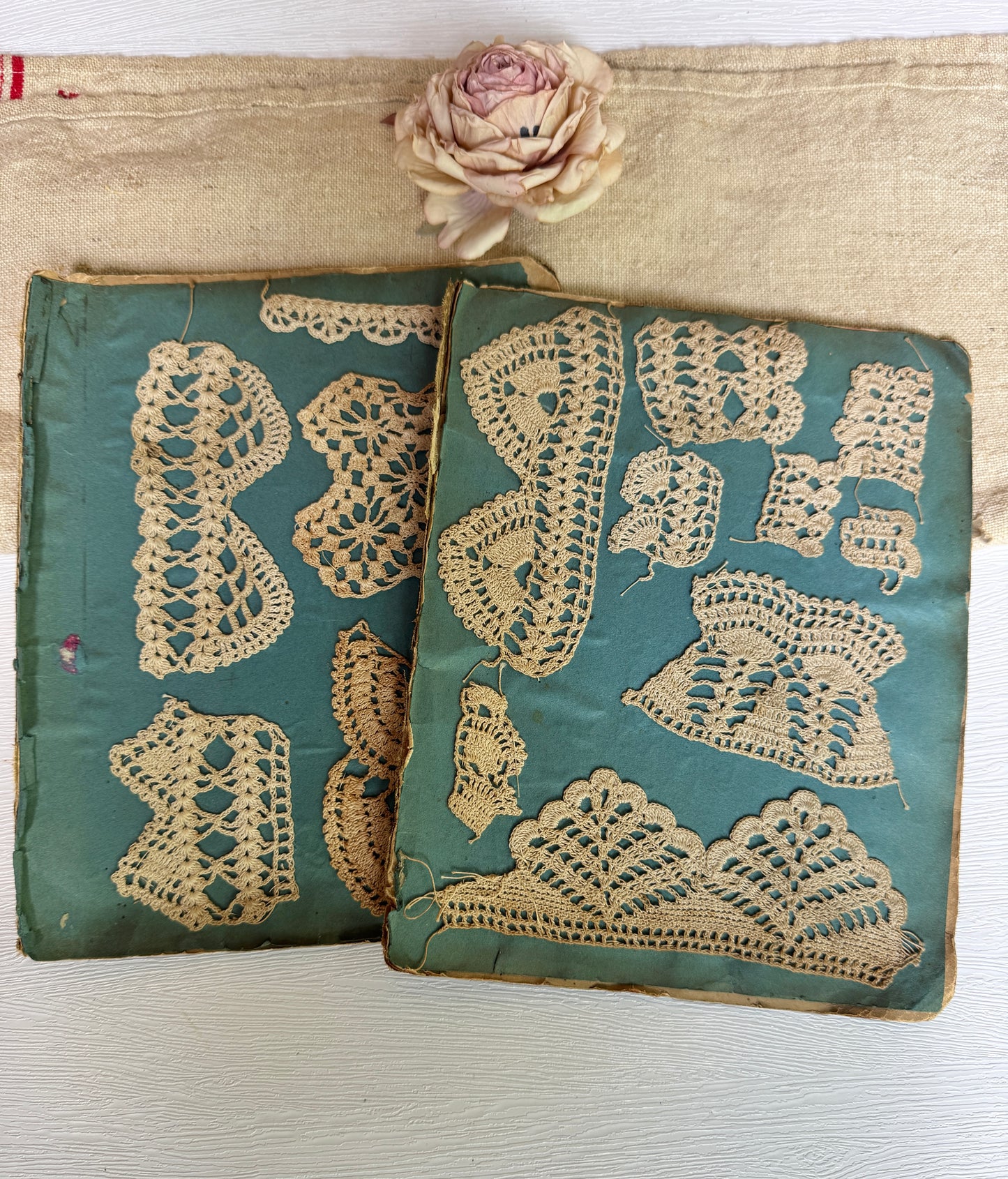 Original Antique French Lace Samples on 19th c. Book Covers